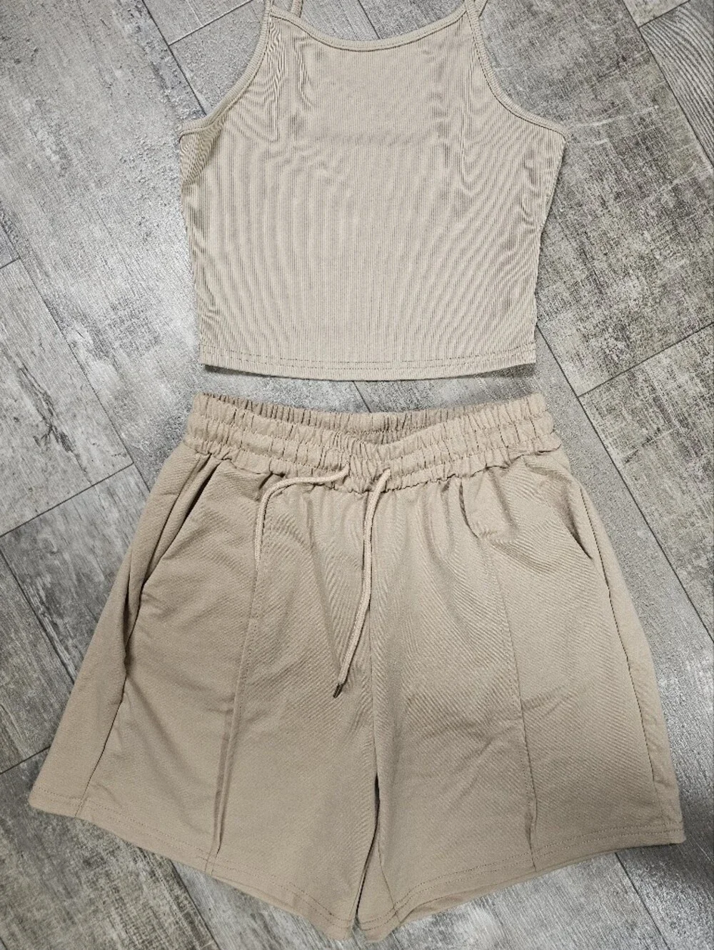 SHEIN Beige Ribbed Crop Tank and Drawstring Waist Shorts Set